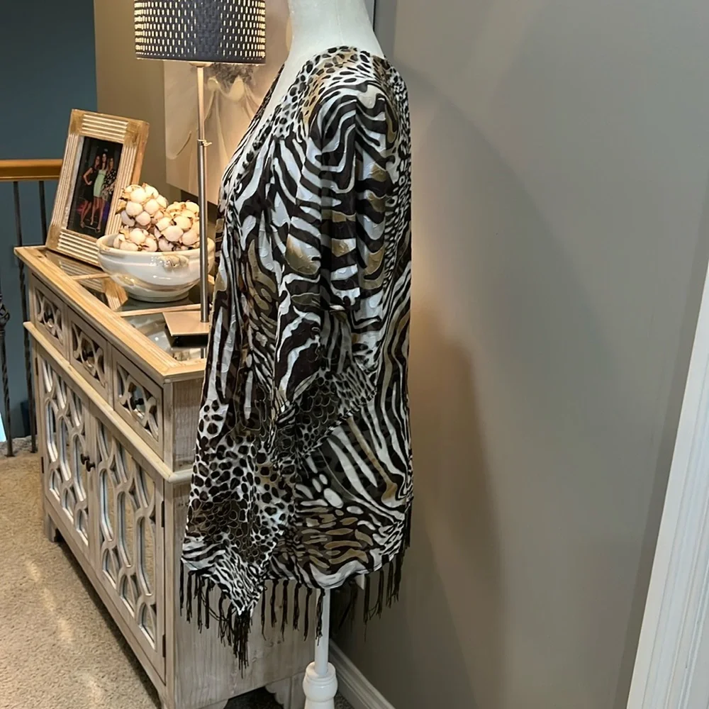 NWT CHICO’S Ruana Animal Print Burnout Sheer Fringe Cardigan - Picture 3 of 14
